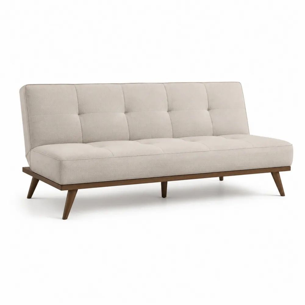 Canapé convertible clic-clac 3 places en tissu beige et bois massif marron, 181 x 87 x 81 cm