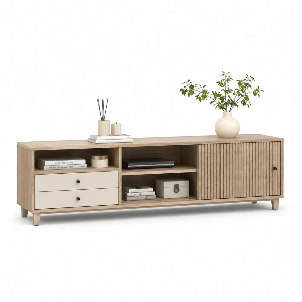 Meuble TV bas rectangulaire en bois, 2 tiroirs, 1 porte à lattes et 3 niches, chêne naturel et beige, 180 × 40 × 60 cm