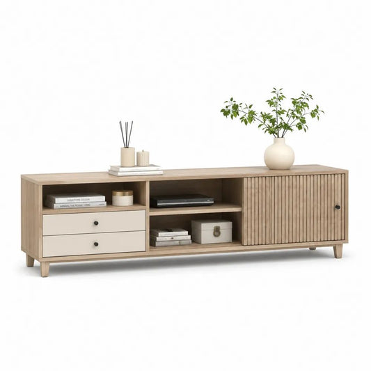 Meuble TV bas rectangulaire en bois, 2 tiroirs, 1 porte à lattes et 3 niches, chêne naturel et beige, 180 × 40 × 60 cm