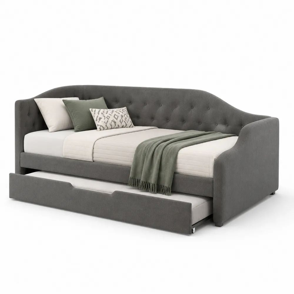 Lit banquette gigogne en tissu polyester gris, 2 couchages 90 x 200 cm et 90 x 190 cm, dimensions 216 x 100 x 90 cm