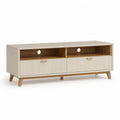 Meuble TV bas rectangulaire en bois et métal avec 2 tiroirs et 2 niches, beige grège et noyer clair, 140 × 40 × 60 cm