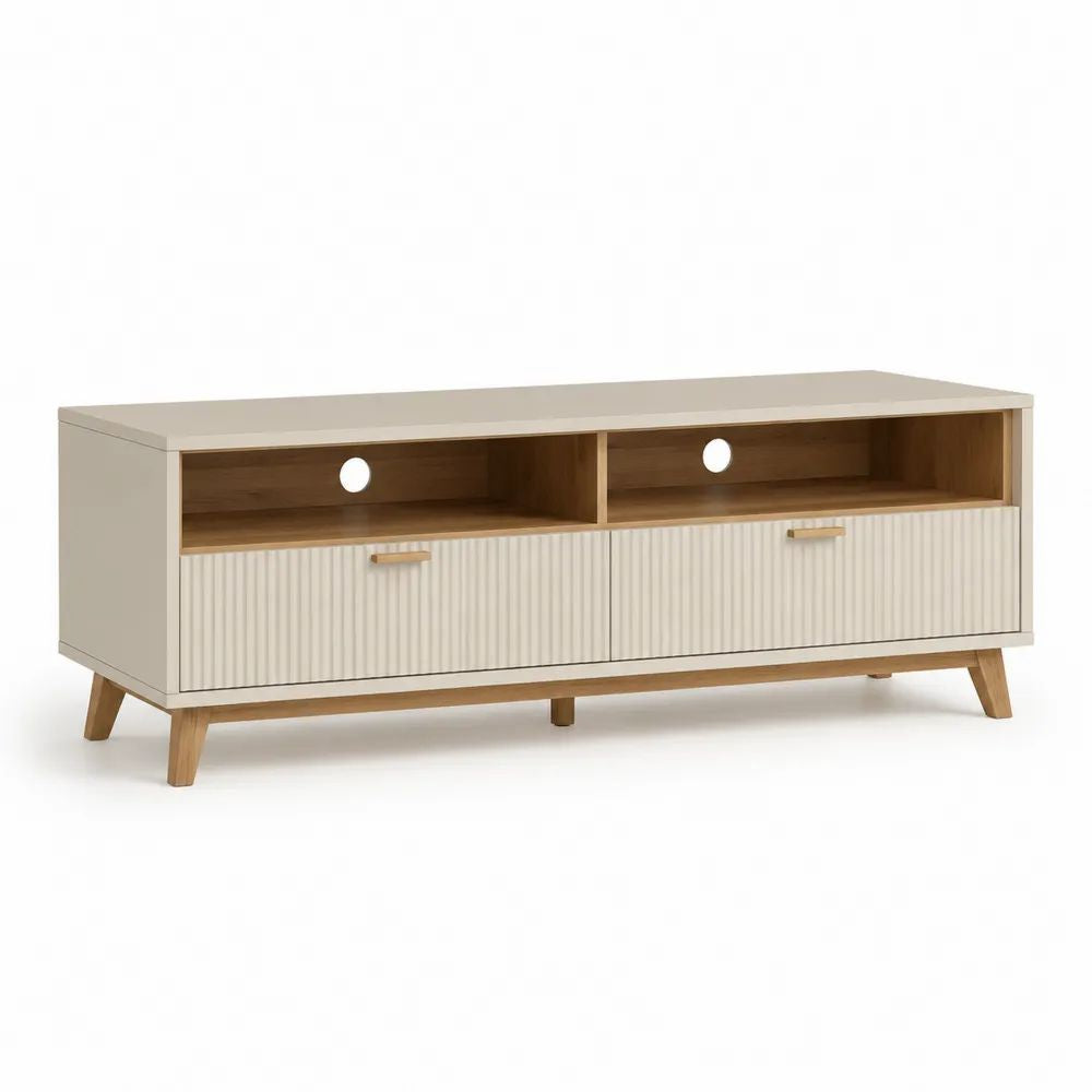 Meuble TV bas rectangulaire en bois et métal avec 2 tiroirs et 2 niches, beige grège et noyer clair, 140 × 40 × 60 cm