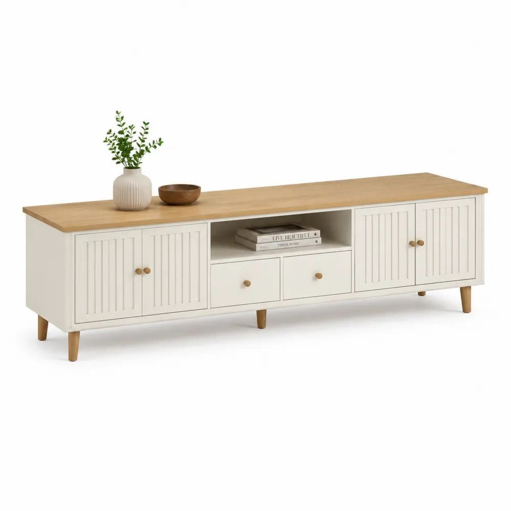 Meuble TV bas en panneaux de particules et MDF, 4 portes, 2 tiroirs et 1 niche, blanc et chêne naturel, 180 x 40 x 60 cm