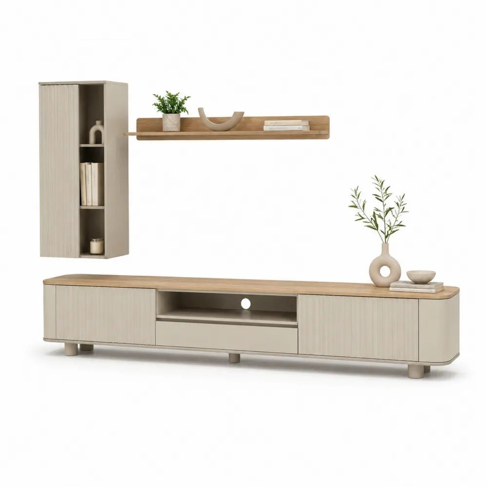 Ensemble meuble TV 3 pièces en bois beige/chêne naturel à angles arrondis – meuble bas 200 × 40 × 52 cm, colonne murale 45 × 30 × 100 cm et tablette 120 × 18 × 16 cm