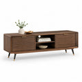 Meuble TV bas rectangulaire en bois et métal avec 2 portes à lamelles et 2 niches, marron noyer, noir et laiton, 160 × 40 × 58 cm