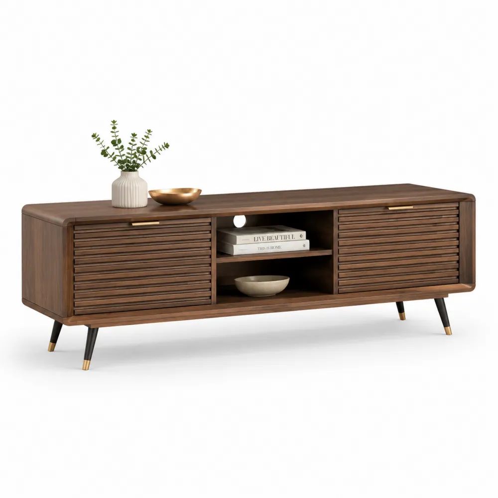 Meuble TV bas rectangulaire en bois et métal avec 2 portes à lamelles et 2 niches, marron noyer, noir et laiton, 160 × 40 × 58 cm