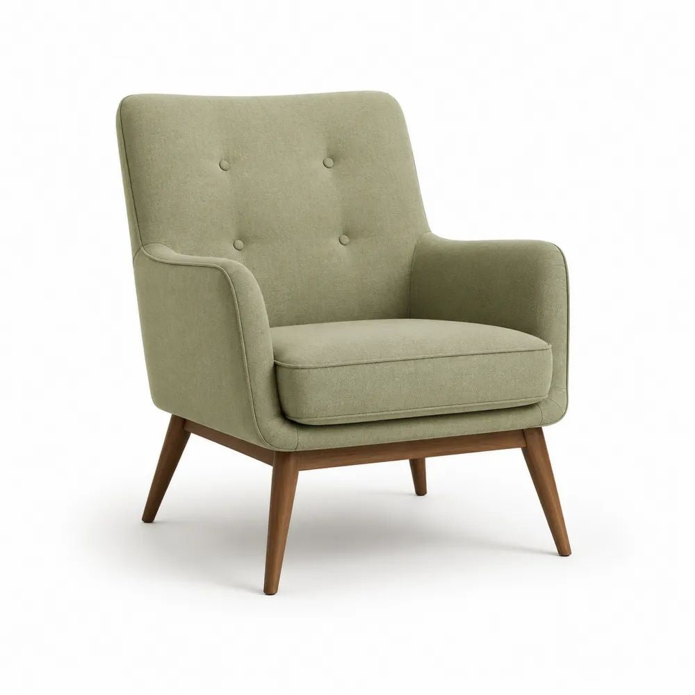 Fauteuil 1 place en tissu vert sauge avec pieds en bois brun noyer, 78 × 80 × 87 cm