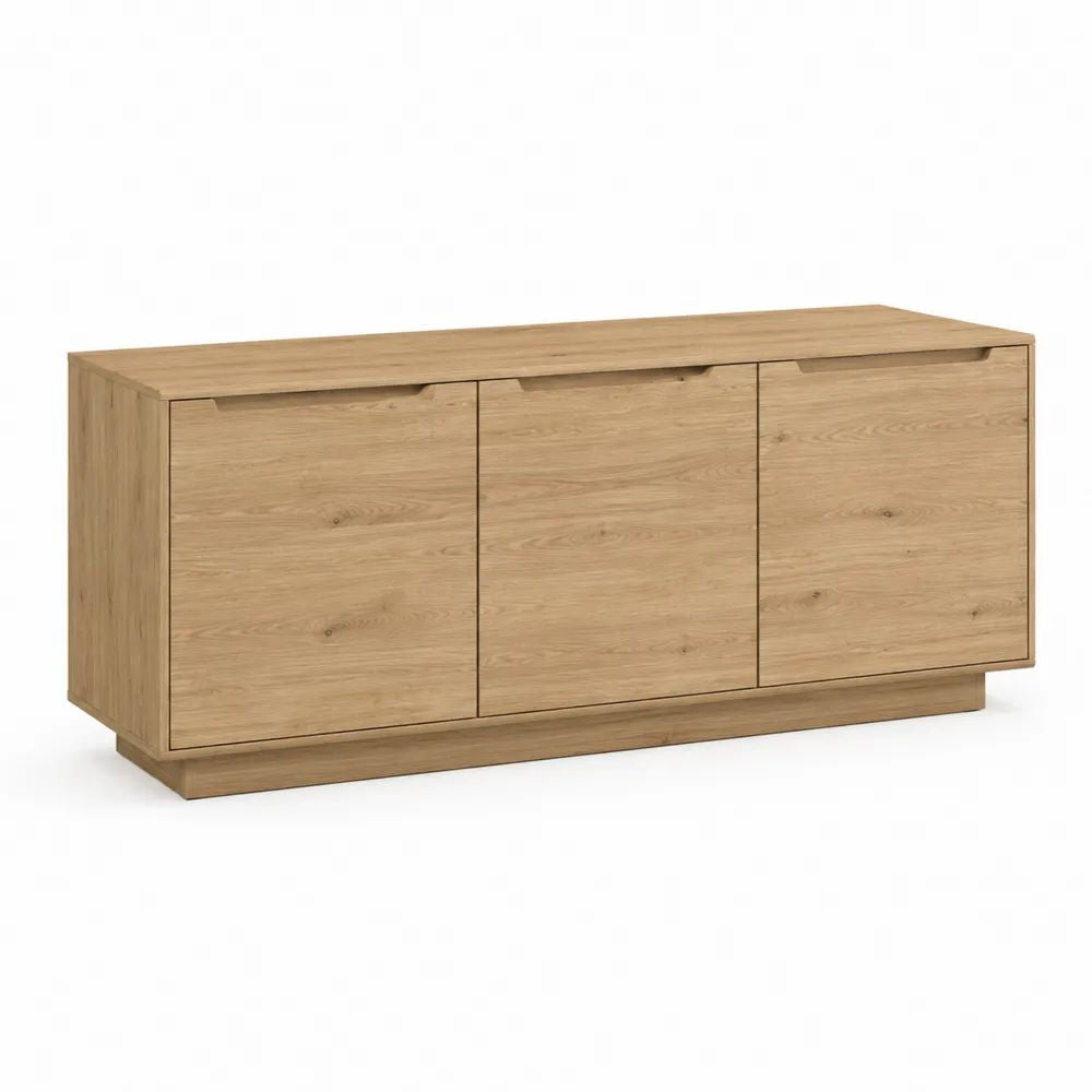 Meuble TV rectangulaire en panneaux mélaminés, 3 portes, chêne naturel, 150 × 40 × 75 cm
