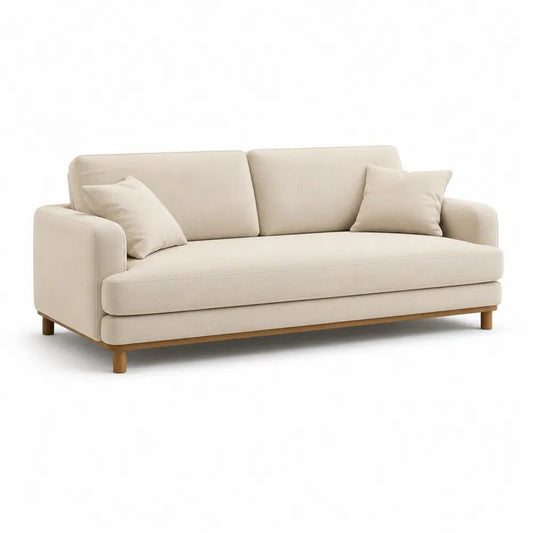 Canapé droit 3 places en tissu beige avec 2 coussins et pieds en bois brun clair, 210 × 90 × 85 cm