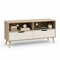 Meuble TV bas en panneaux de particules mélaminés avec 2 tiroirs et 2 niches, chêne clair et blanc cassé, 120 × 40 × 65 cm
