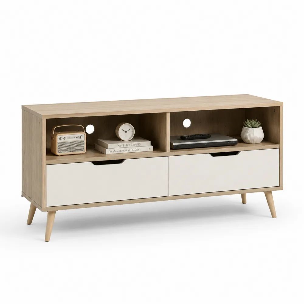 Meuble TV bas en panneaux de particules mélaminés avec 2 tiroirs et 2 niches, chêne clair et blanc cassé, 120 × 40 × 65 cm