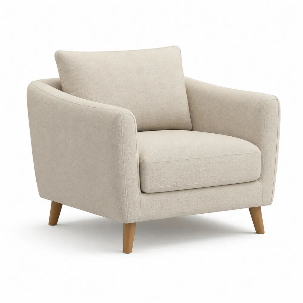 Fauteuil de salon 1 place en tissu beige avec accoudoirs droits et pieds en bois massif, 87 × 83 × 84 cm