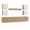Ensemble meuble TV mural suspendu 6 pièces en bois, chêne clair et blanc mat, 240 × 35 × 165 cm