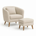 Ensemble 2 pièces fauteuil arrondi en tissu bouclette et repose-pieds, pieds en bois massif, écru, 78 × 77 × 79 cm et 60 × 45 × 42 cm