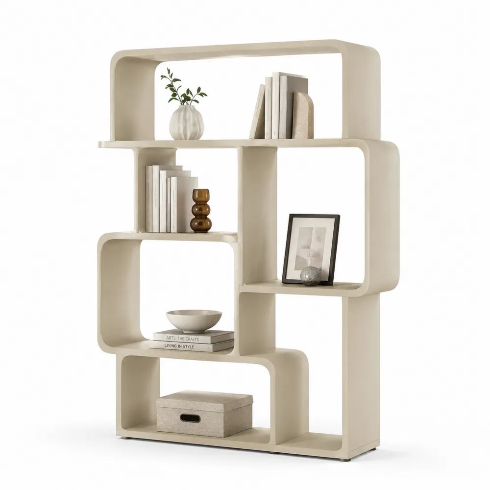 Bibliothèque étagère en MDF beige à niches asymétriques et angles arrondis, 120 × 30 × 160 cm