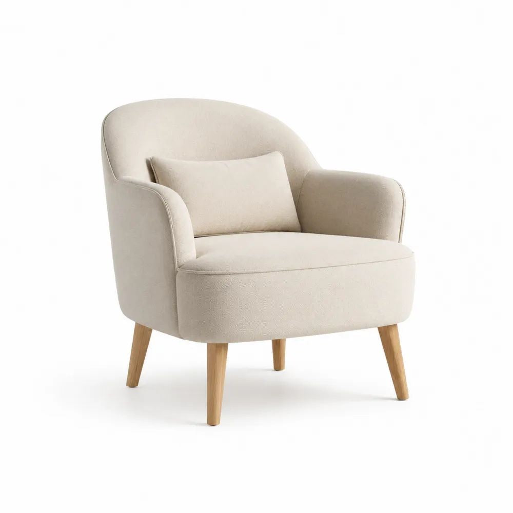 Fauteuil de salon 1 place en tissu beige crème avec coussin et pieds en bois, 77 x 78 x 82 cm