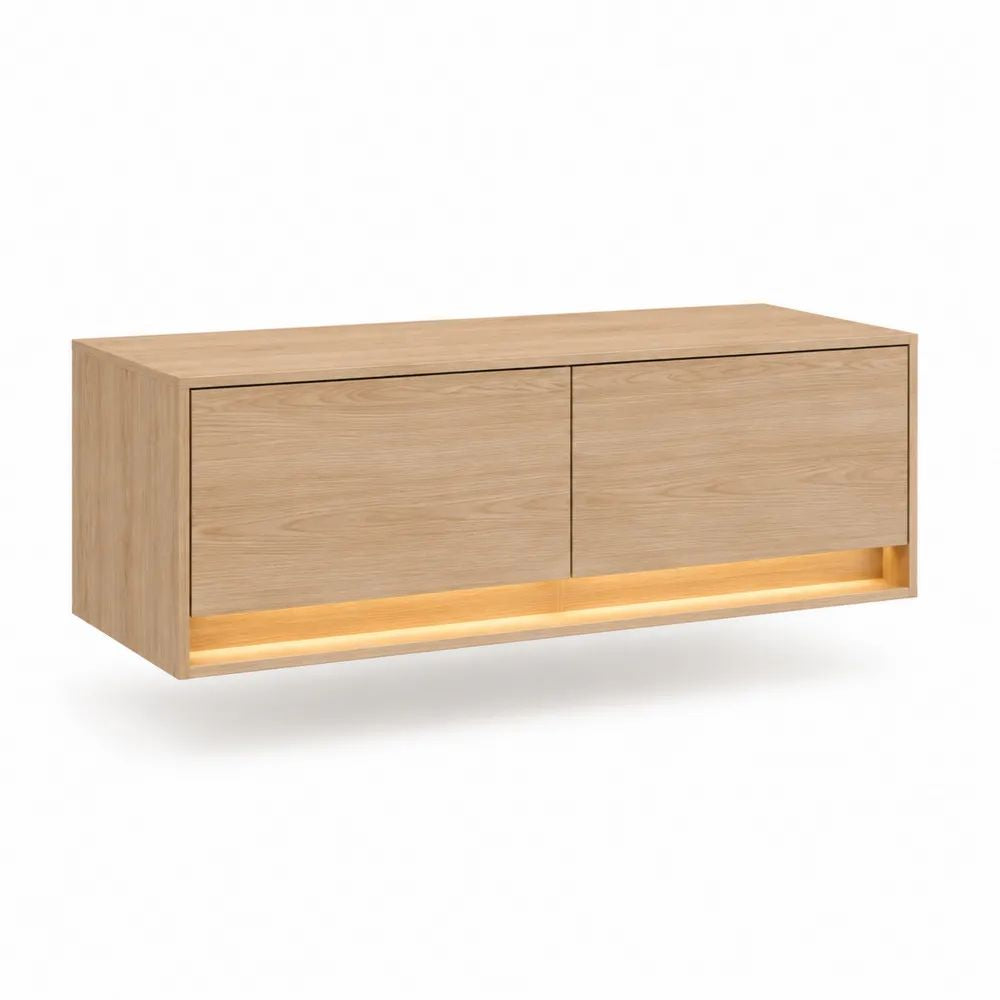 Meuble TV mural suspendu en panneaux de particules mélaminés avec éclairage LED, chêne clair, 120 x 35 x 45 cm