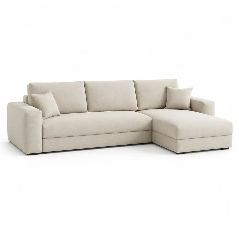 Canapé d’angle 3 places en L avec méridienne droite en polyester bouclé écru, 280 x 160 x 85 cm