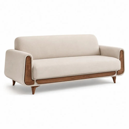 Canapé rectangulaire 3 places en tissu et bois massif, beige et noyer, 190 × 85 × 82 cm