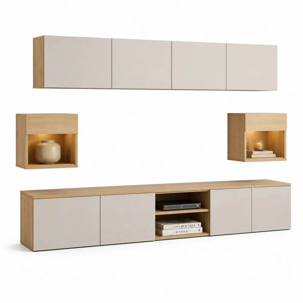 Ensemble meuble TV mural 4 pièces en panneaux mélaminés, chêne naturel et beige – meuble bas 240 × 40 × 45 cm, meuble haut 220 × 35 × 45 cm et 2 caissons 50 × 30 × 50 cm