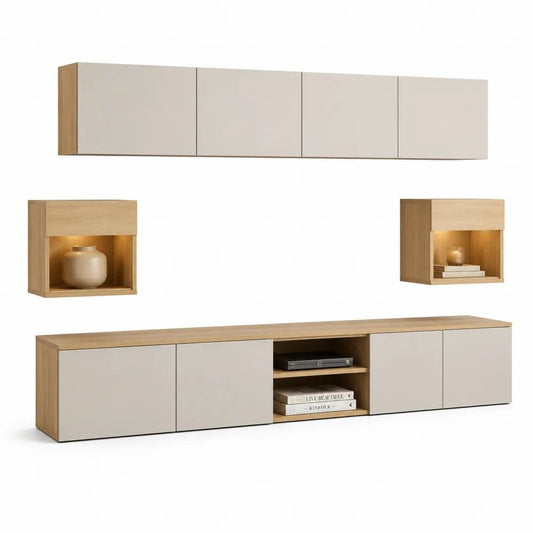 Ensemble meuble TV mural 4 pièces en panneaux mélaminés, chêne naturel et beige – meuble bas 240 × 40 × 45 cm, meuble haut 220 × 35 × 45 cm et 2 caissons 50 × 30 × 50 cm