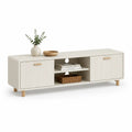 Meuble TV bas en MDF et bois massif, blanc cassé et bois naturel, 160 × 40 × 55 cm