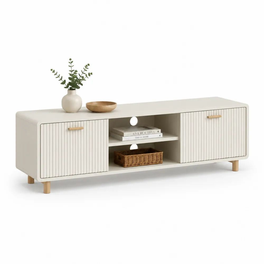 Meuble TV bas en MDF et bois massif, blanc cassé et bois naturel, 160 × 40 × 55 cm