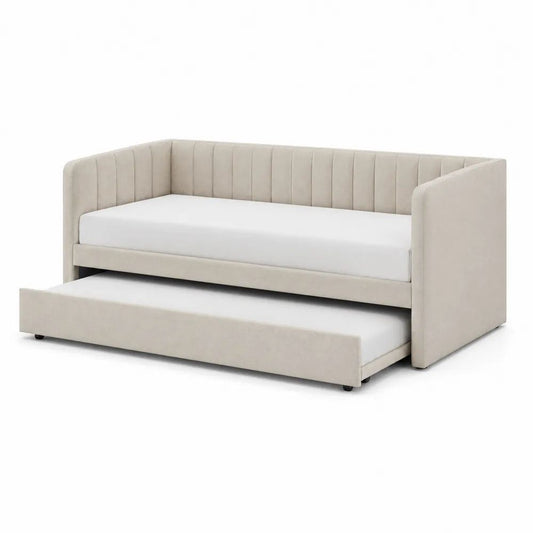 Lit gigogne banquette en tissu beige, 2 couchages de 90 x 190 cm, 205 x 100 x 85 cm