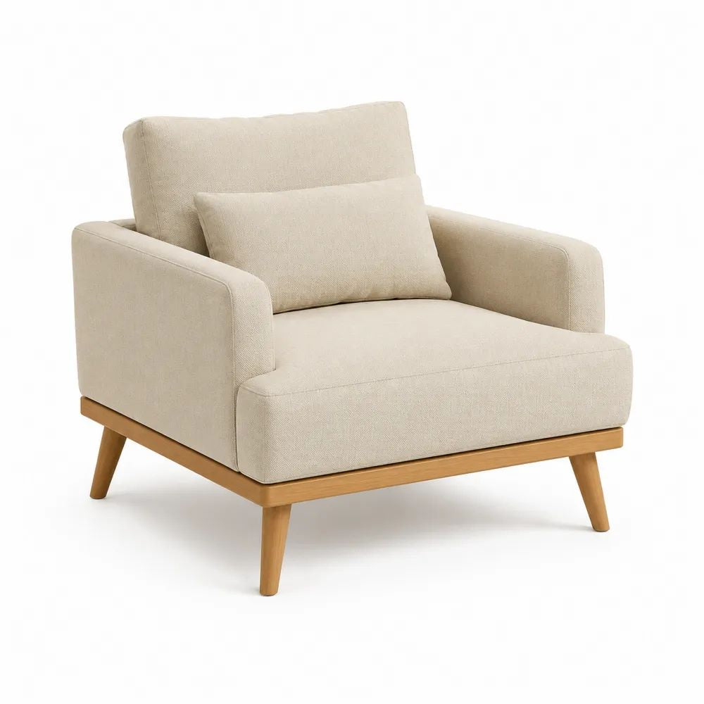 Fauteuil de salon 1 place en tissu et bois, écru et bois naturel, 102 × 92 × 86 cm
