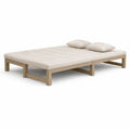 Canapé-lit convertible 2 places en bois et tissu beige, bois naturel, couchage 160 x 200 cm, 2 coussins