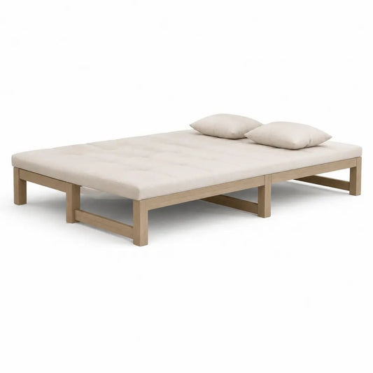 Canapé-lit convertible 2 places en bois et tissu beige, bois naturel, couchage 160 x 200 cm, 2 coussins