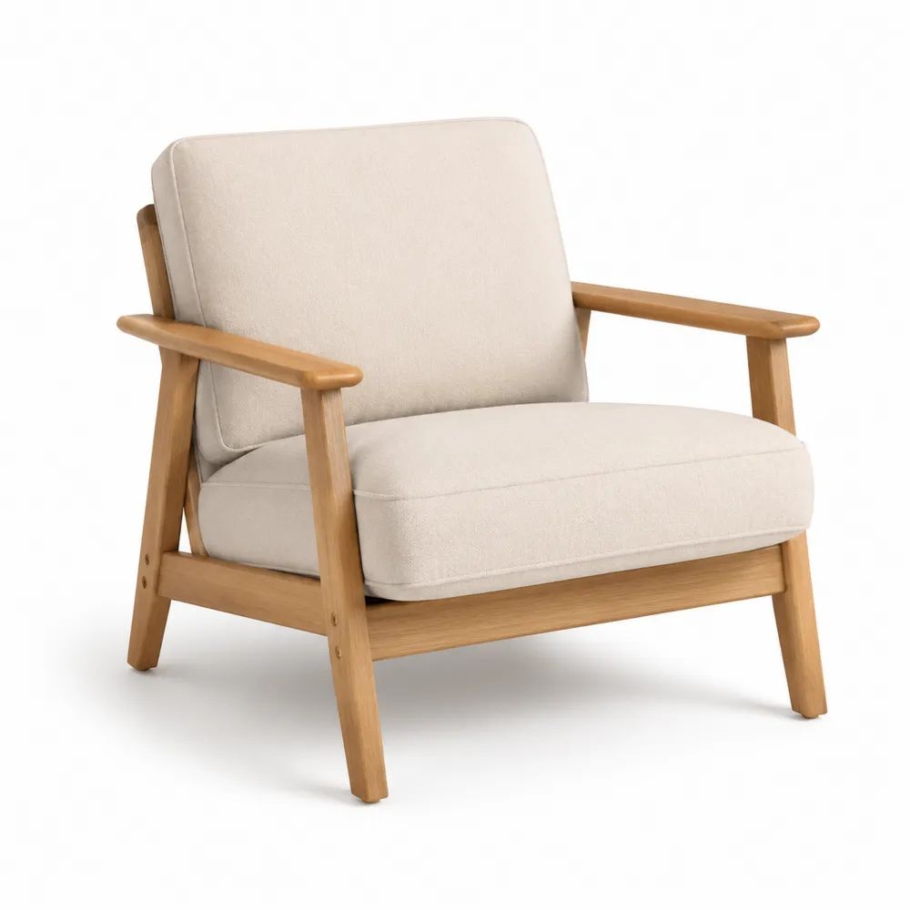 Fauteuil de salon 1 place en tissu beige et bois massif, 75 × 78 × 80 cm
