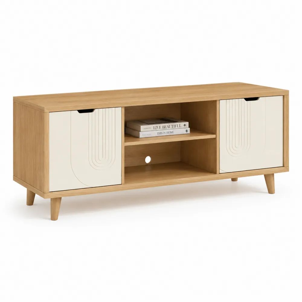Meuble TV rectangulaire en panneaux de particules et MDF, chêne naturel et blanc cassé, 120 × 40 × 60 cm