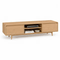 Meuble TV bas en MDF plaqué chêne et bois massif, chêne naturel, 2 portes et 2 niches, 180 × 40 × 55 cm