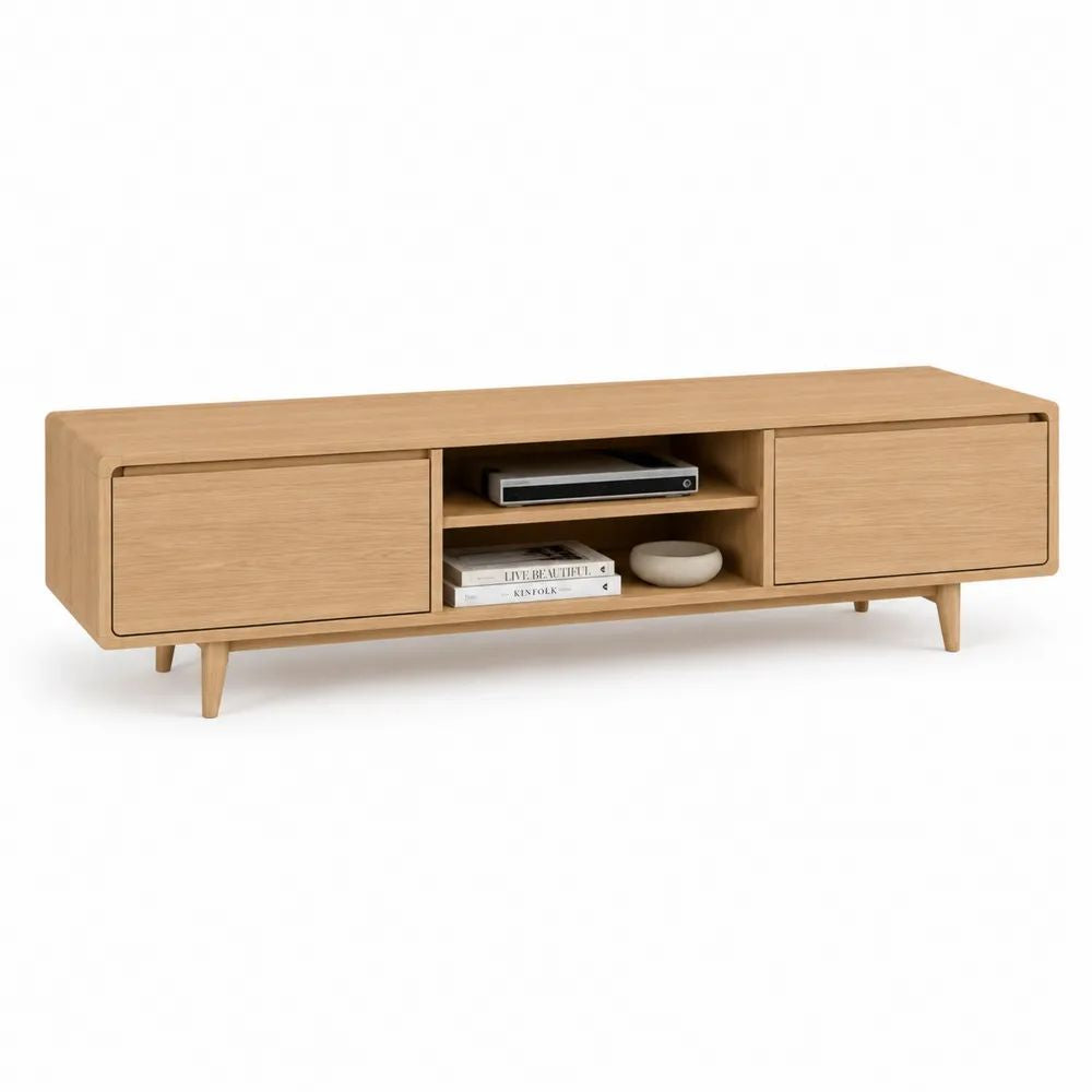 Meuble TV bas en MDF plaqué chêne et bois massif, chêne naturel, 2 portes et 2 niches, 180 × 40 × 55 cm