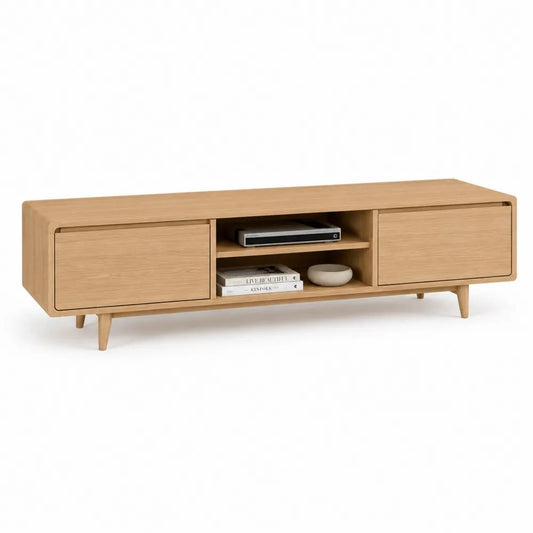 Meuble TV bas en MDF plaqué chêne et bois massif, chêne naturel, 2 portes et 2 niches, 180 × 40 × 55 cm