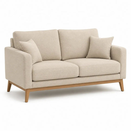 Canapé droit 2 places en tissu polyester beige avec pieds en bois marron clair, 160 x 85 x 84 cm