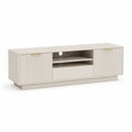 Meuble TV bas en MDF beige et or, 2 portes rainurées, 1 tiroir, 2 niches et passe-câbles, 180 x 40 x 60 cm