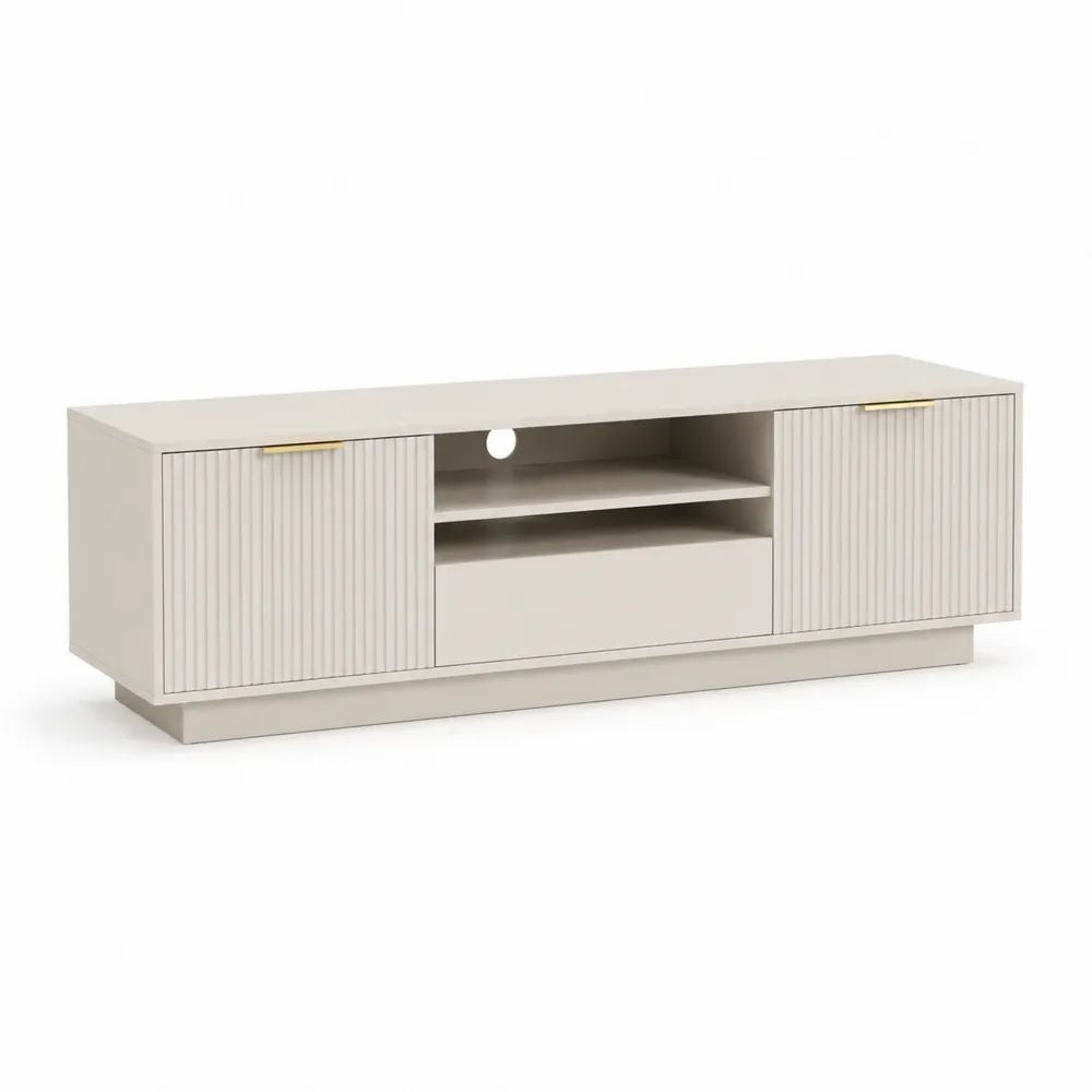 Meuble TV bas en MDF beige et or, 2 portes rainurées, 1 tiroir, 2 niches et passe-câbles, 180 x 40 x 60 cm