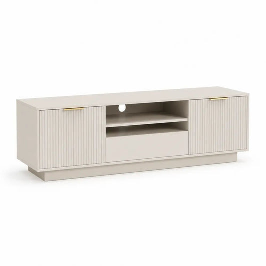 Meuble TV bas en MDF beige et or, 2 portes rainurées, 1 tiroir, 2 niches et passe-câbles, 180 x 40 x 60 cm