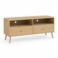Meuble TV rectangulaire en bois avec 2 tiroirs et 2 niches, chêne naturel et laiton, 120 x 40 x 65 cm