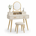 Coiffeuse avec miroir rond et tabouret en MDF et acier doré, 100 x 40 x 135 cm, blanc cassé