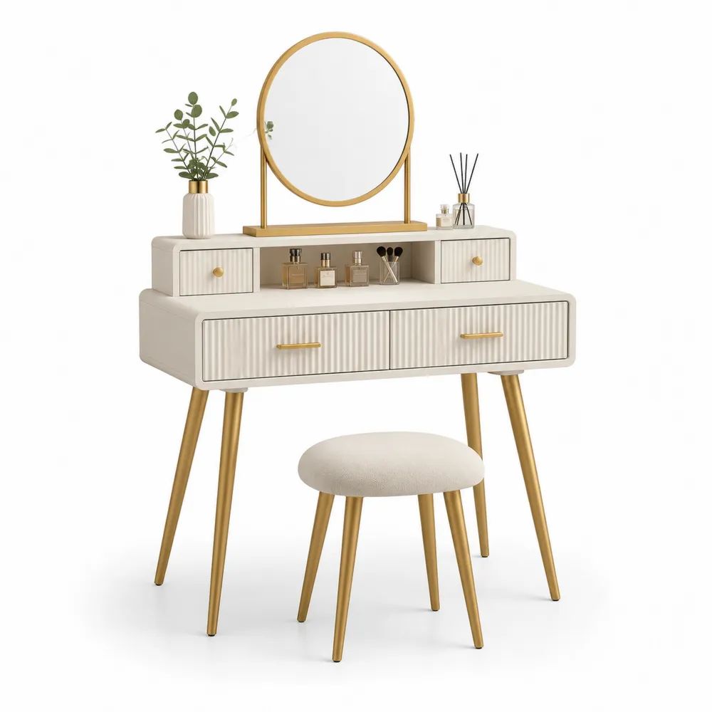 Coiffeuse avec miroir rond et tabouret en MDF et acier doré, 100 x 40 x 135 cm, blanc cassé