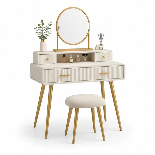 Coiffeuse avec miroir rond et tabouret en MDF et acier doré, 100 x 40 x 135 cm, blanc cassé
