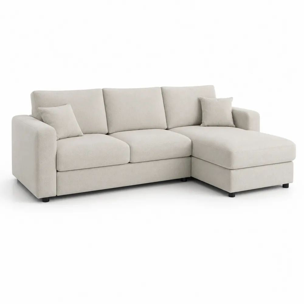 Canapé d’angle 3 places en polyester beige avec méridienne droite, 240 x 150 x 88 cm