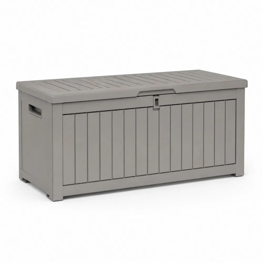 Coffre de rangement extérieur rectangulaire en plastique gris, 270 L, 117 × 45 × 57 cm