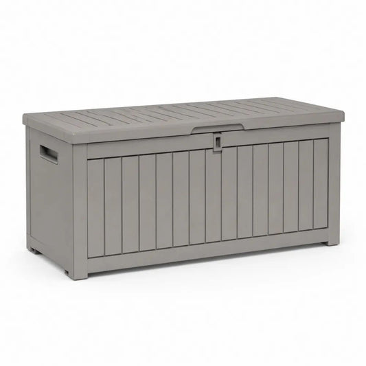 Coffre de rangement extérieur rectangulaire en plastique gris, 270 L, 117 × 45 × 57 cm