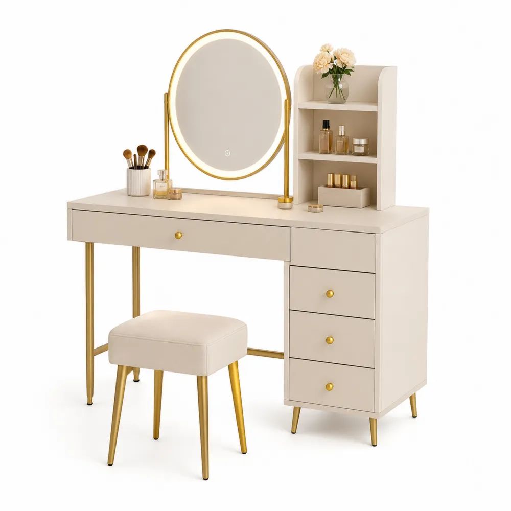 Ensemble coiffeuse en MDF et acier beige et or avec miroir ovale LED, 5 tiroirs, étagères et tabouret, 100 × 40 × 140 cm, 2 pièces
