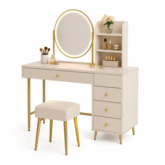 Ensemble coiffeuse en MDF et acier beige et or avec miroir ovale LED, 5 tiroirs, étagères et tabouret, 100 × 40 × 140 cm, 2 pièces