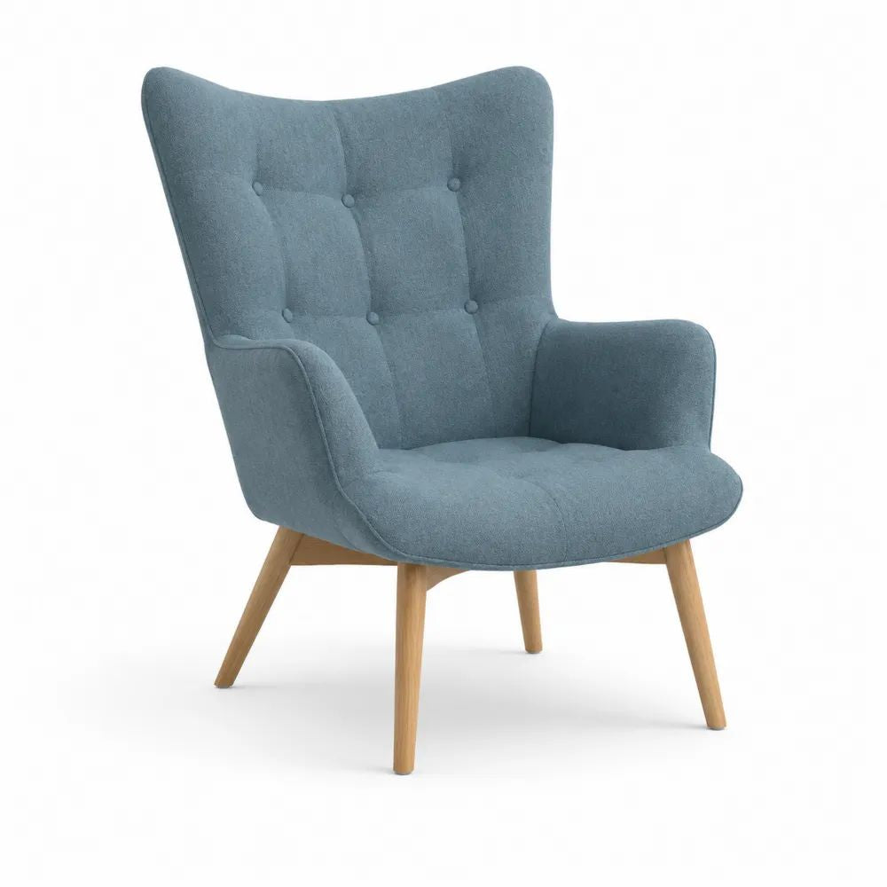 Fauteuil de salon capitonné en tissu et bois massif bleu clair, 76 × 82 × 101 cm